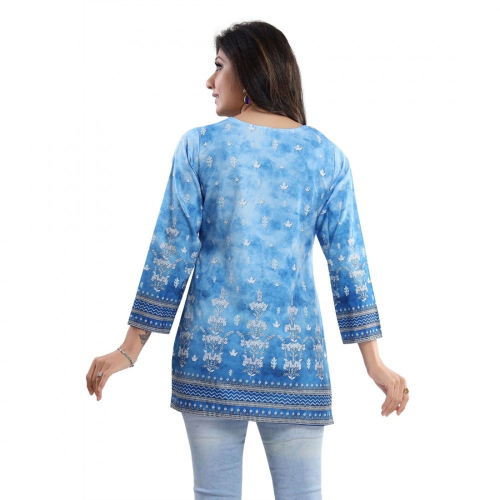 Sky blue faux crepe printed short kurti tunic top for women's casual wear, quarter sleeve design