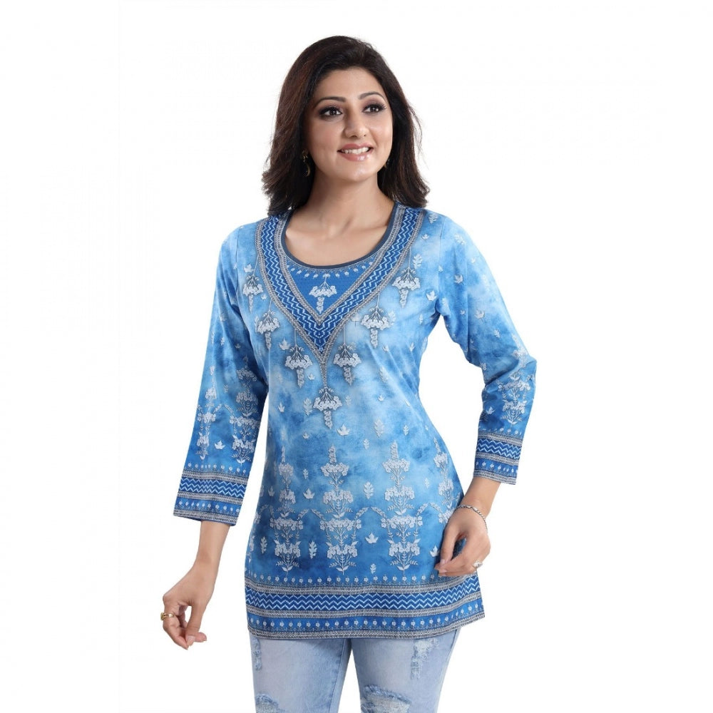 Sky Blue faux crepe printed women's quarter sleeve kurti tunic top for casual wear