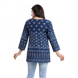Blue faux crepe printed quarter sleeve kurti tunic top for casual women wear
