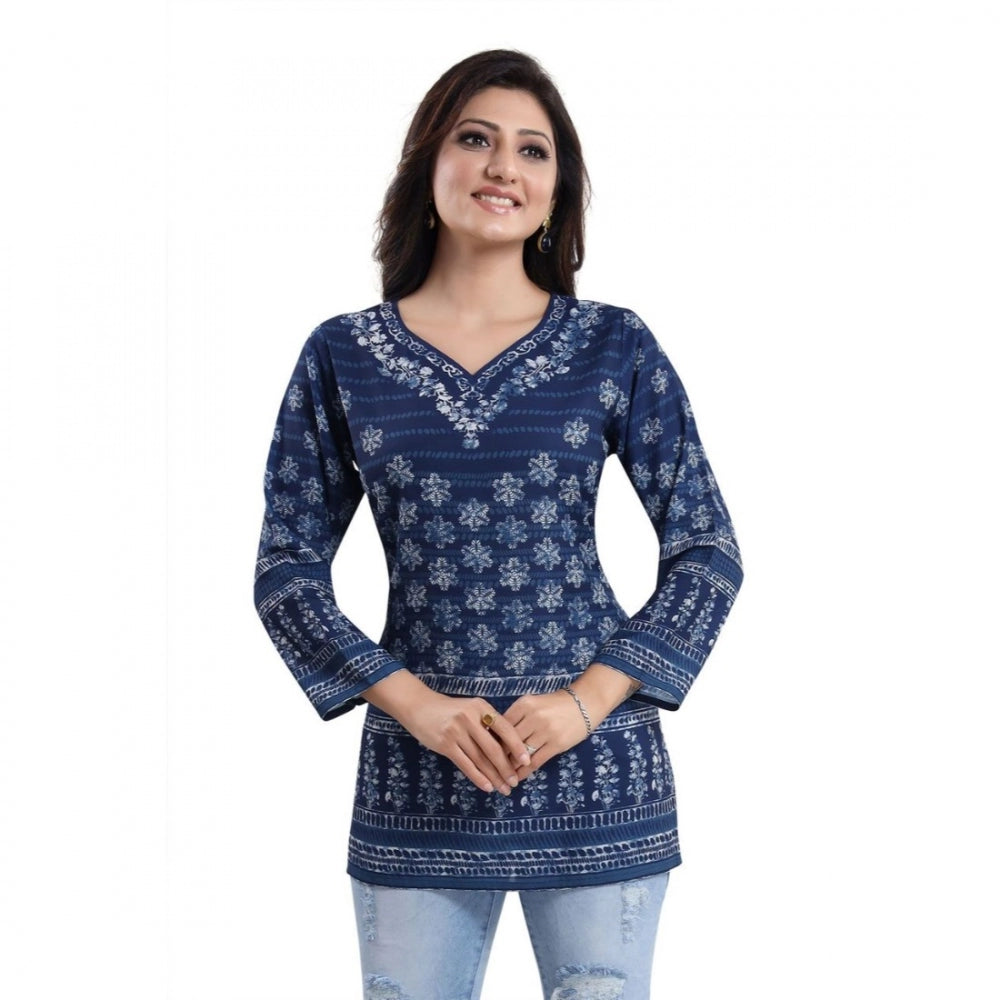 Blue faux crepe printed quarter-sleeve kurti tunic top for casual wear