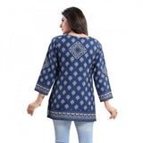Blue faux crepe printed quarter sleeve kurta tunic top for women's casual wear