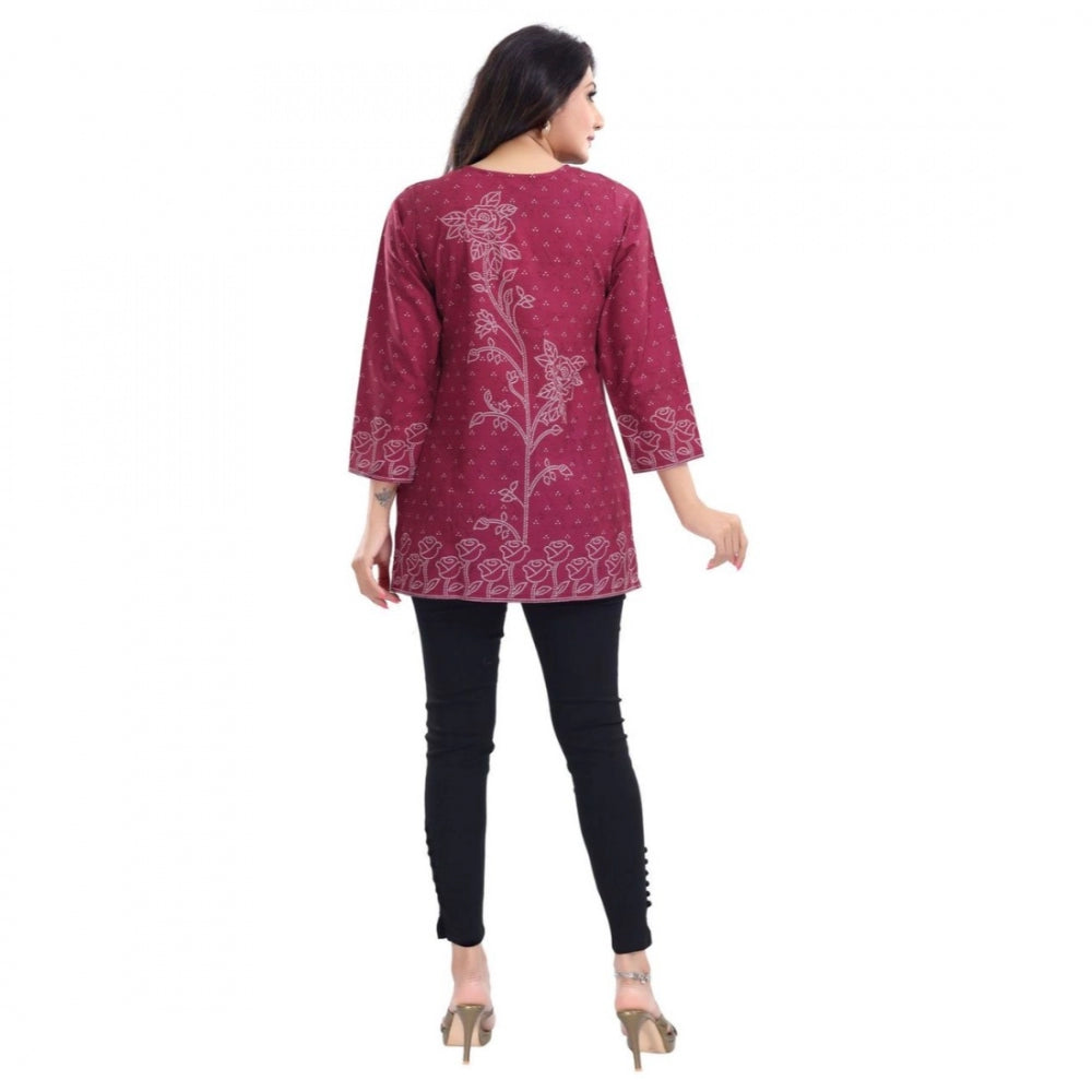 Magenta faux crepe printed quarter sleeve kurti tunic top for women's casual wear
