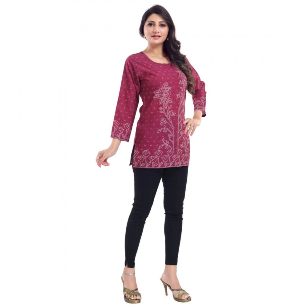 Magenta faux crepe printed women's kurti tunic top, quarter sleeve casual wear
