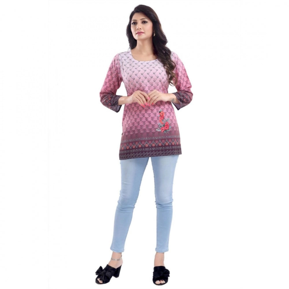 Pink faux crepe printed quarter sleeve kurti tunic top for casual wear