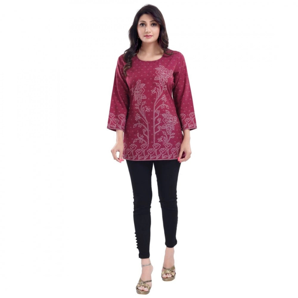 Magenta faux crepe printed quarter sleeve kurti tunic top for casual wear