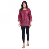 Magenta faux crepe printed quarter sleeve kurti tunic top for casual wear