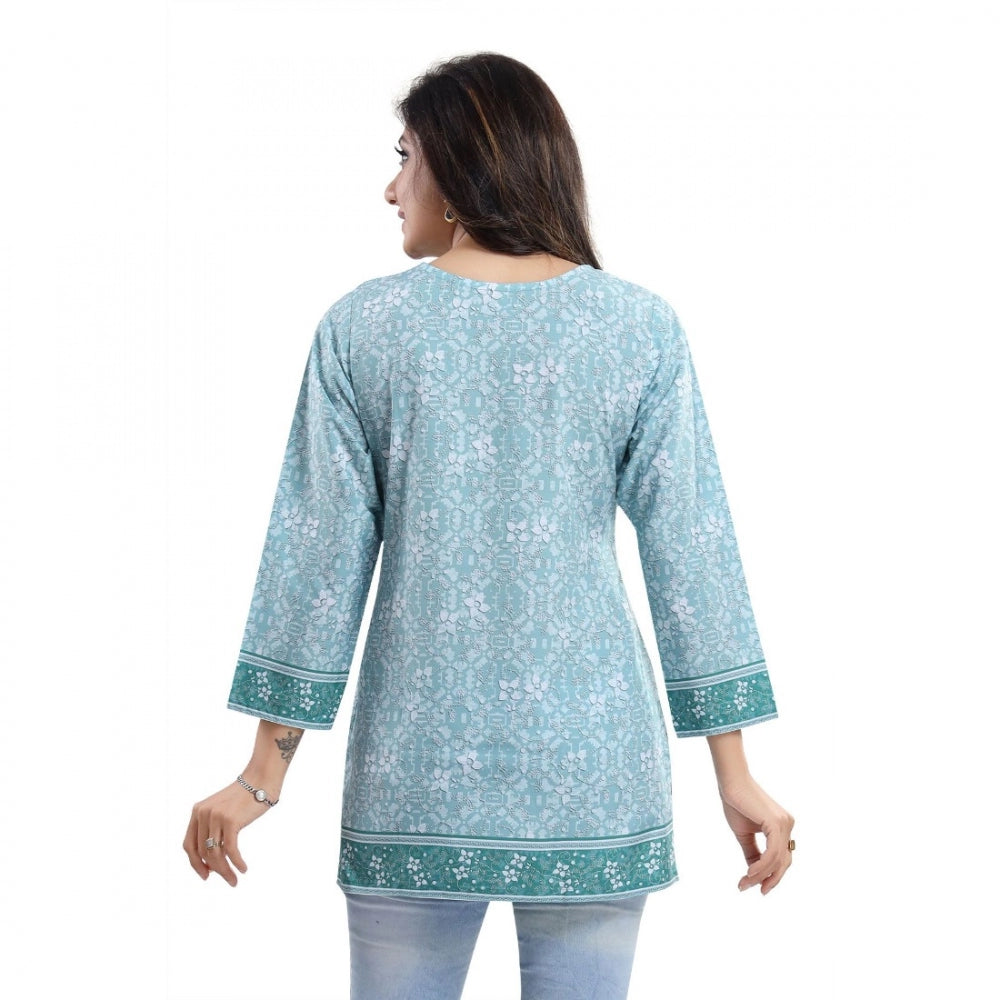 Blue faux crepe printed quarter-sleeve kurti tunic top for women's casual wear