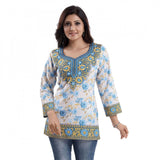 White faux crepe printed quarter-sleeve kurta tunic top for women's casual wear