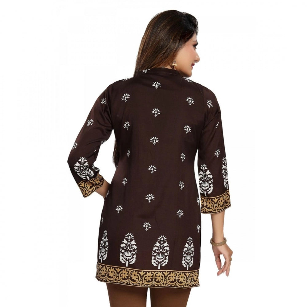 Brown faux crepe printed quarter sleeve kurti tunic top for casual women's wear