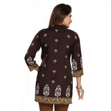 Brown faux crepe printed quarter sleeve kurti tunic top for casual women's wear