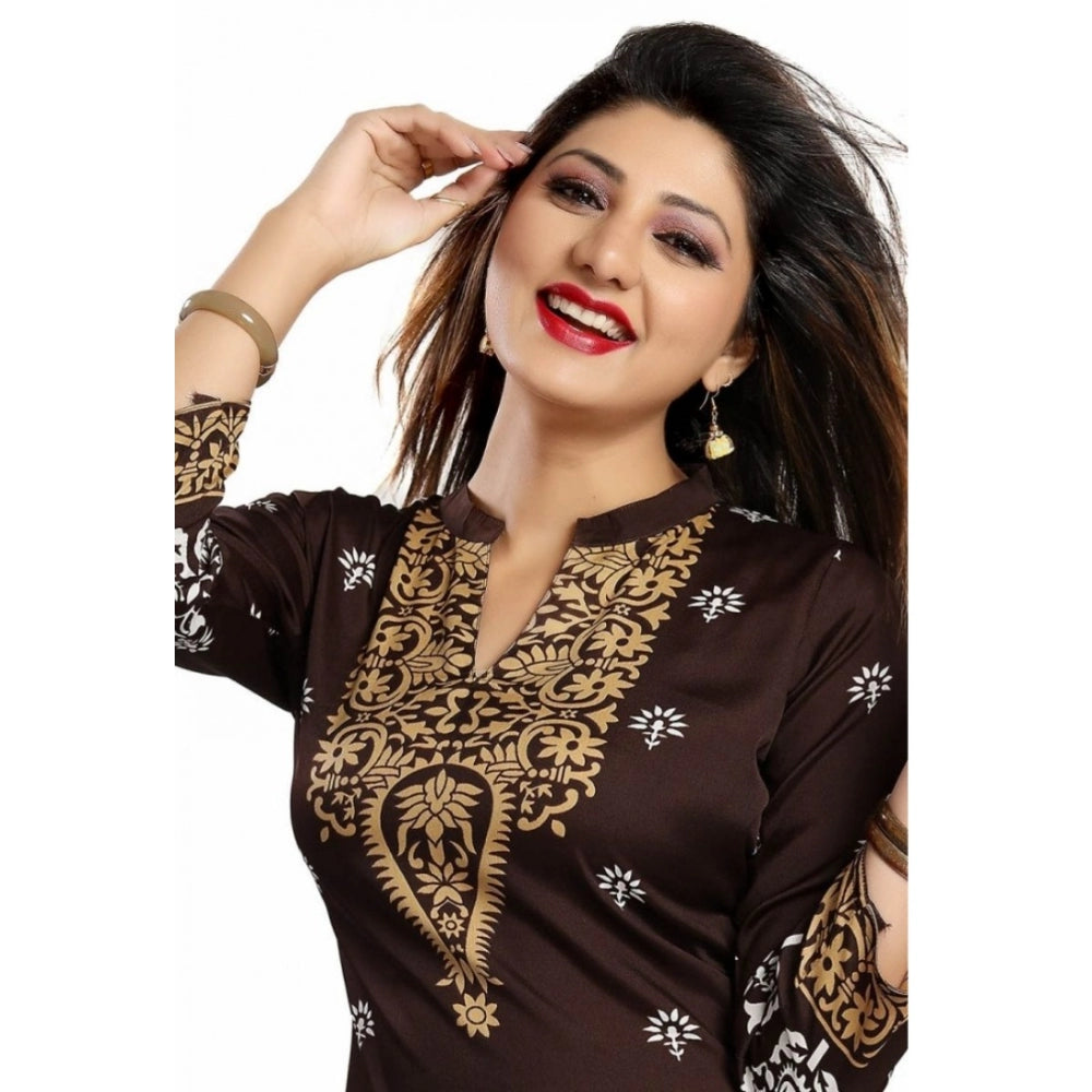 Brown faux crepe printed quarter sleeve kurti tunic top for casual wear