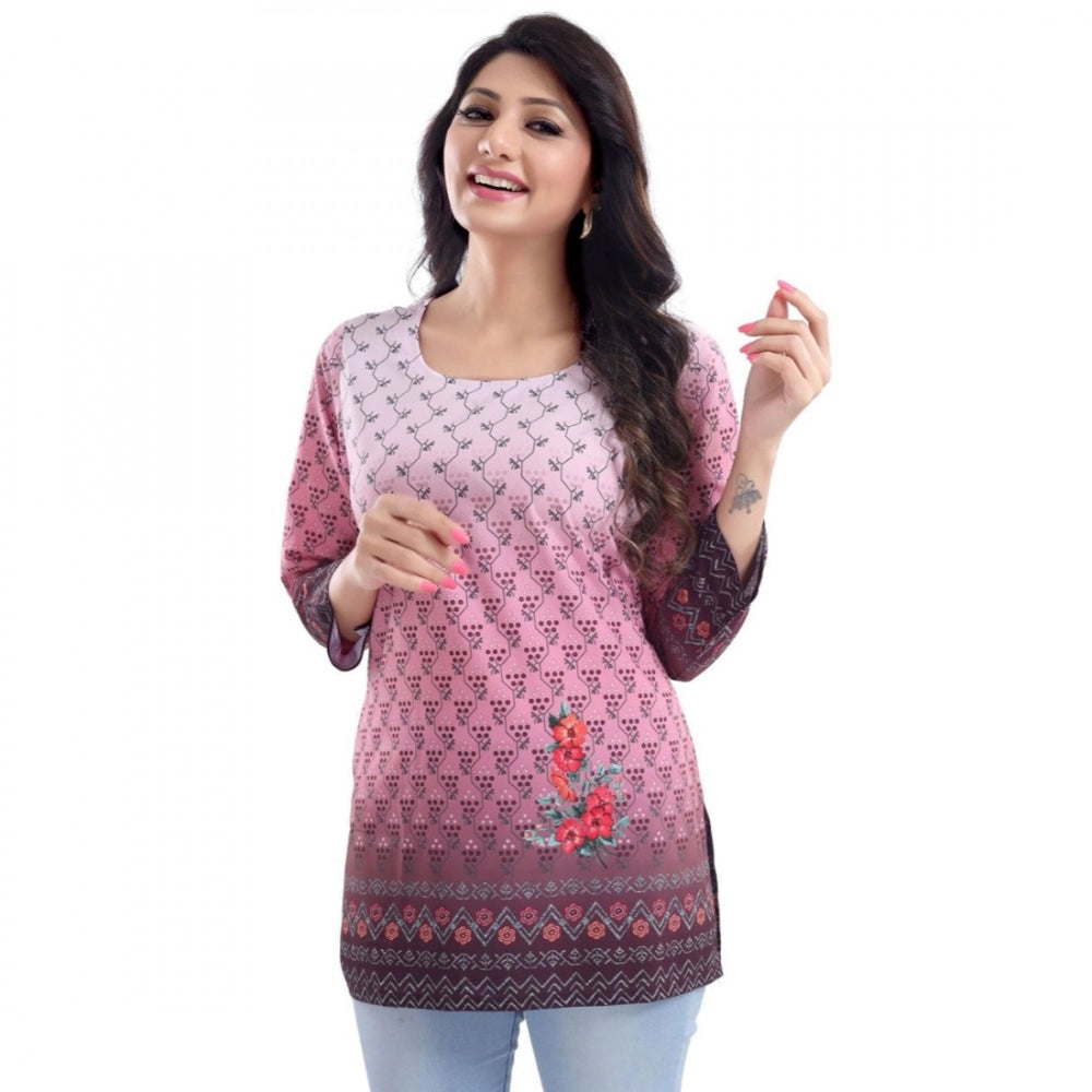 Pink faux crepe printed short kurti tunic top for women casual wear