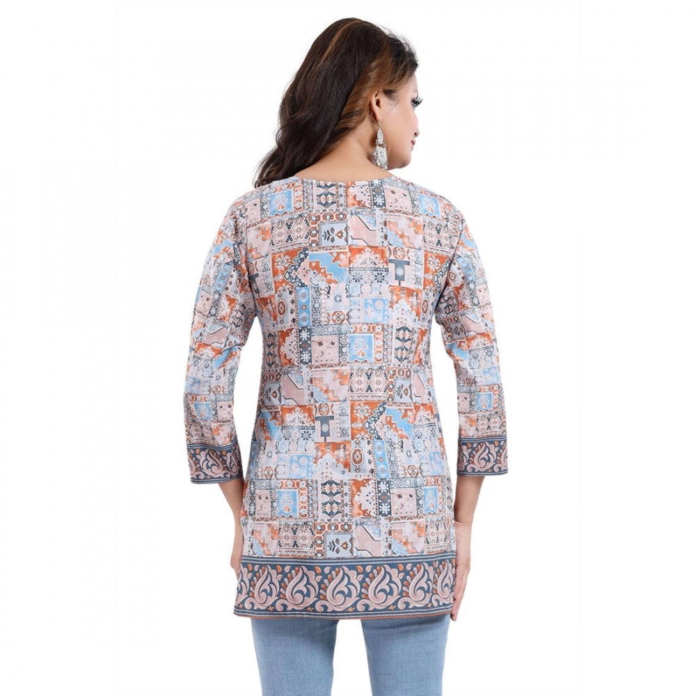 Blue faux crepe printed quarter sleeve kurta tunic top for casual wear (may differ due to lighting)