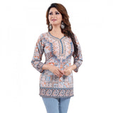 Blue faux crepe printed quarter sleeve kurti tunic top for women's casual wear