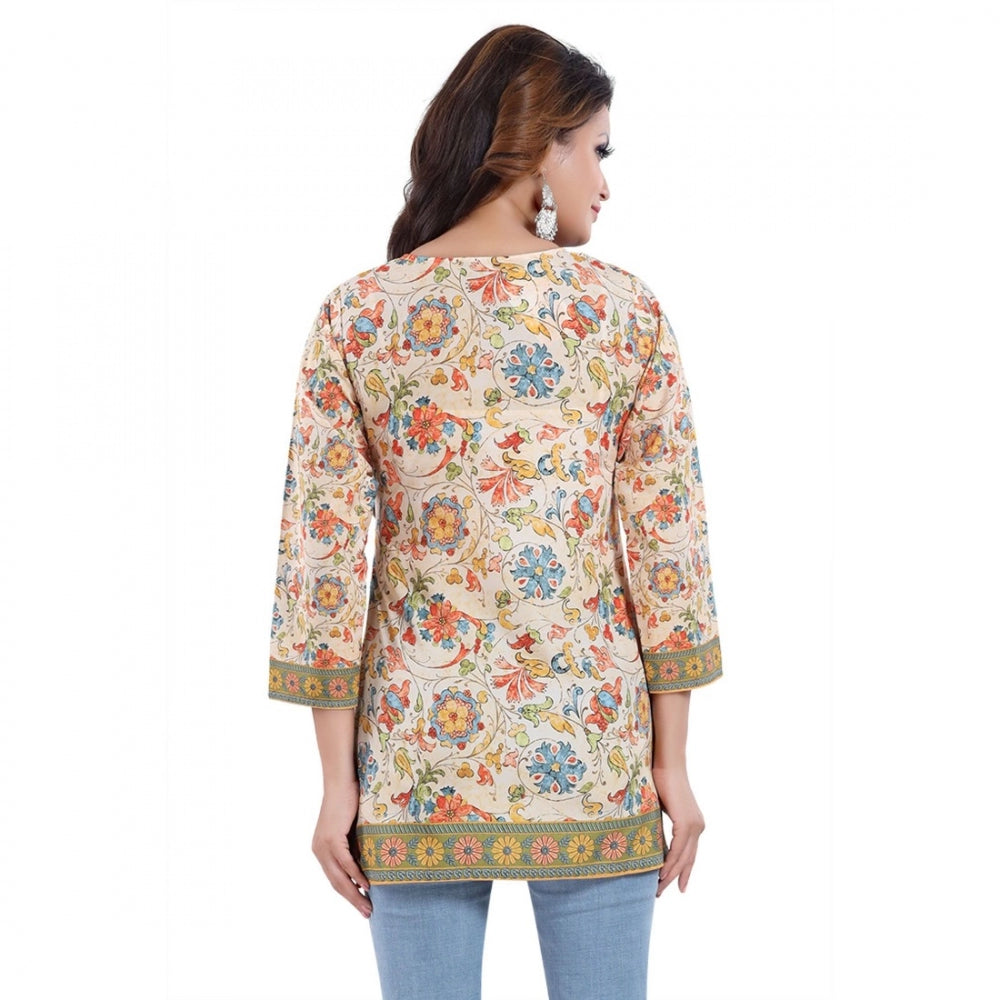 Multicolor faux crepe printed short kurti tunic top for women's casual wear, vibrant patterns on display