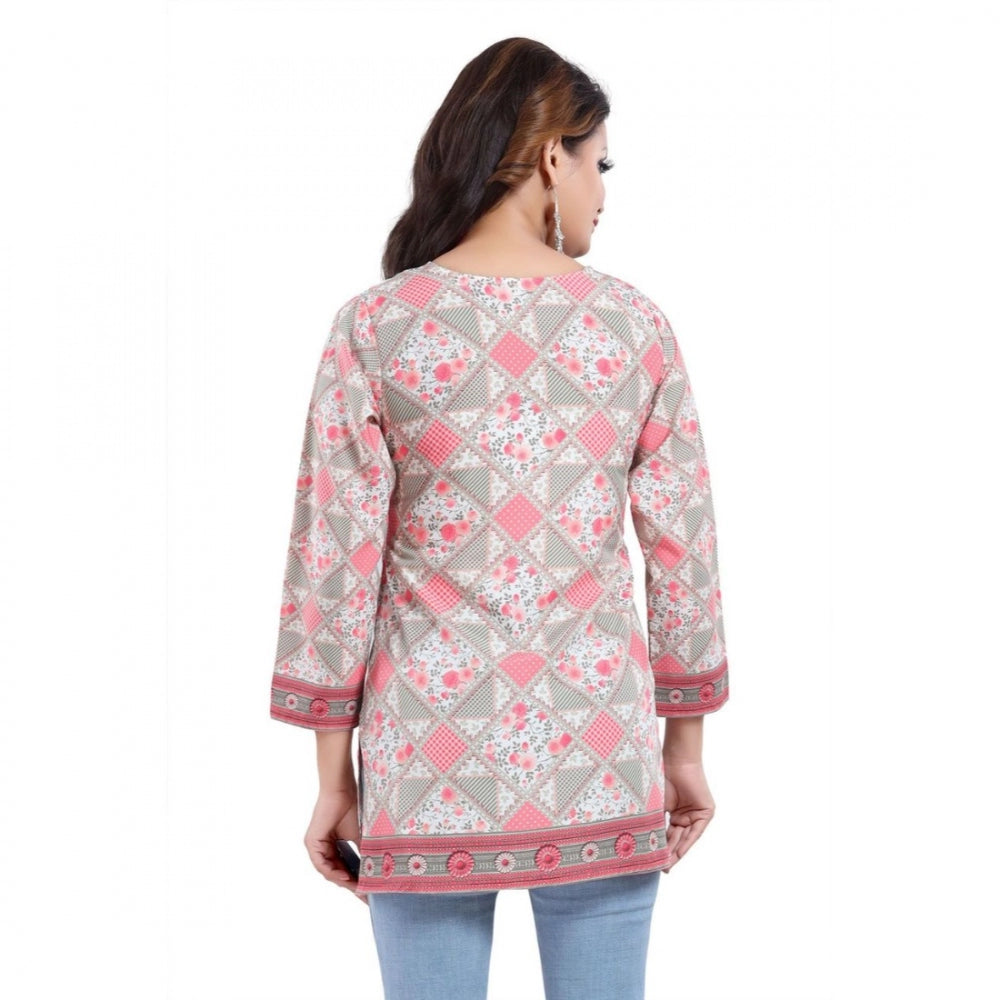 Pink faux crepe printed short kurti tunic top for women's casual wear, quarter sleeve design