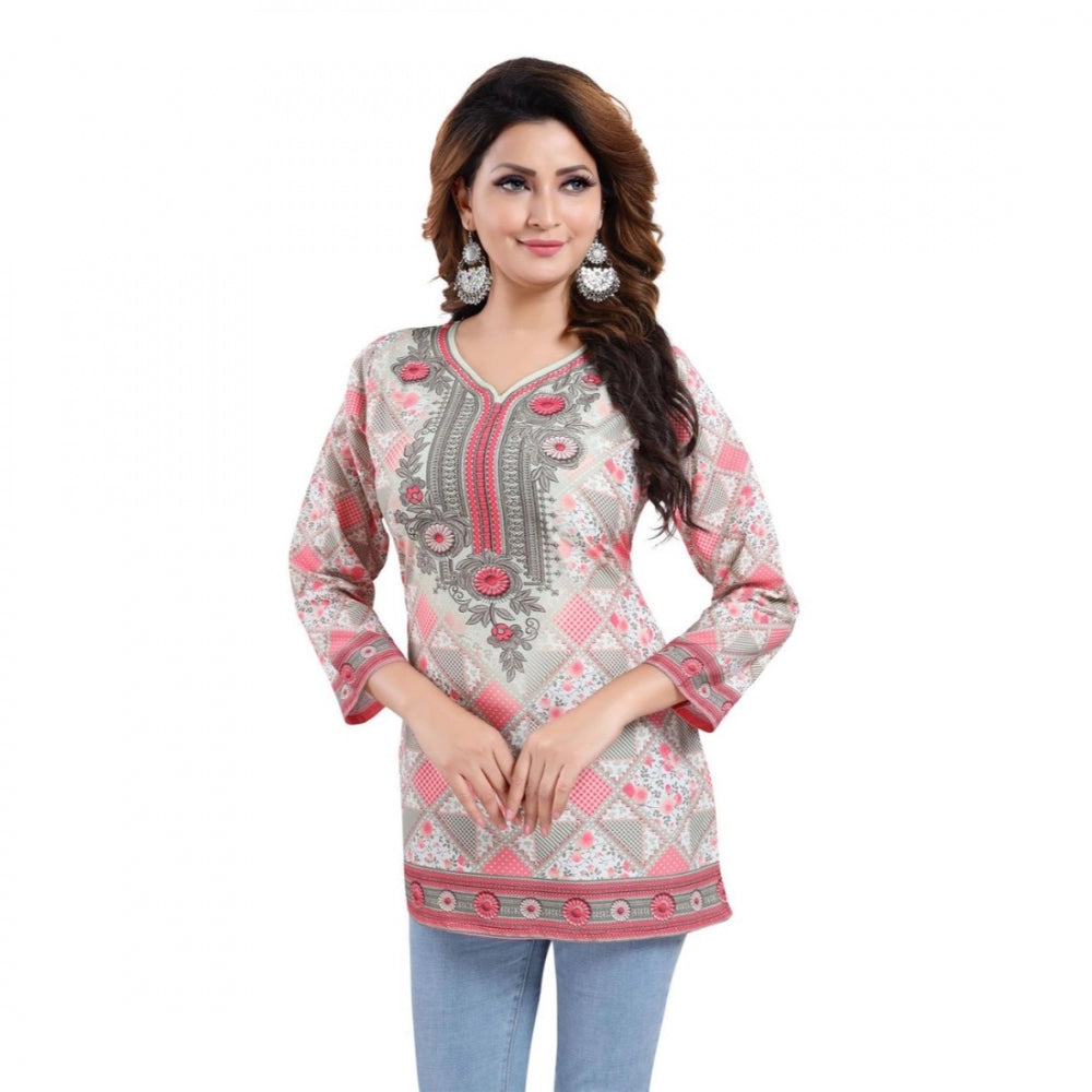 Pink faux crepe printed quarter sleeve kurti tunic top for casual wear