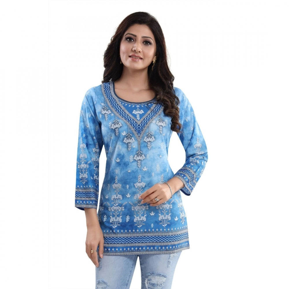 Sky blue faux crepe quarter sleeve printed short kurti tunic top for casual women's wear
