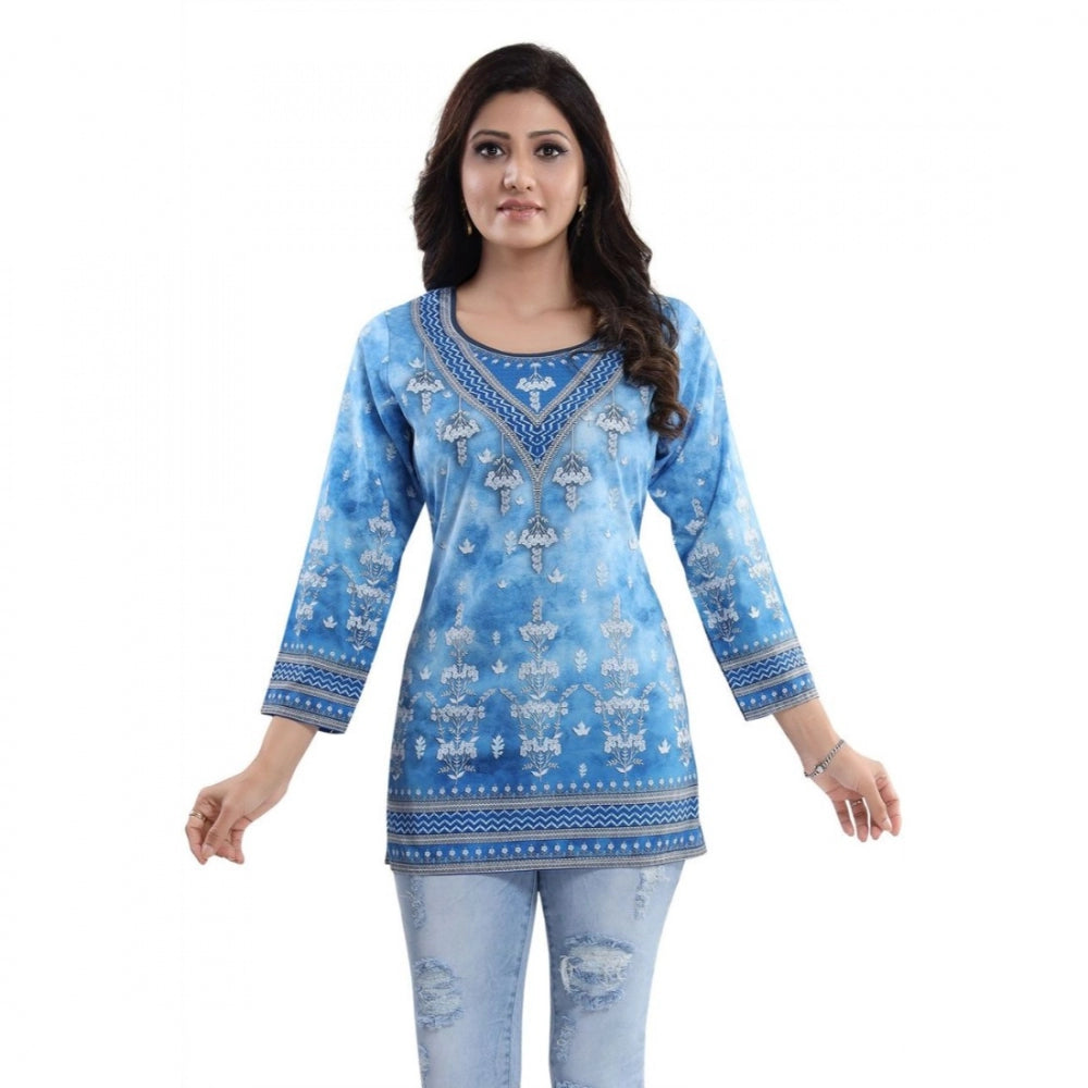 Sky blue faux crepe printed short kurti tunic top for women's casual wear, quarter sleeve style
