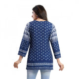 Blue faux crepe printed quarter sleeve kurta tunic top for women's casual wear