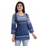 Blue faux crepe printed quarter sleeve kurti tunic top for casual wear
