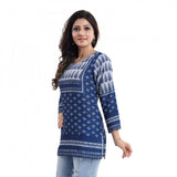 Blue faux crepe printed women's quarter sleeve kurta tunic top for casual occasions