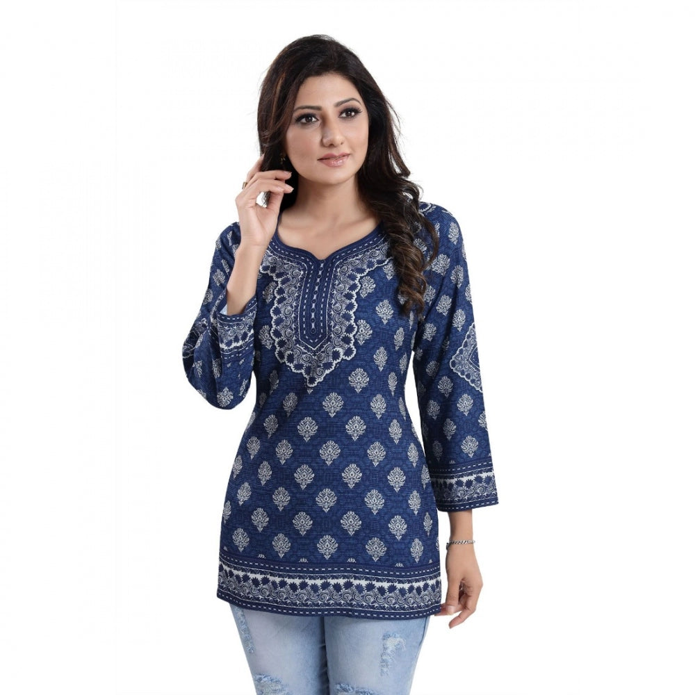 Blue faux crepe printed quarter sleeve kurti tunic top for casual wear