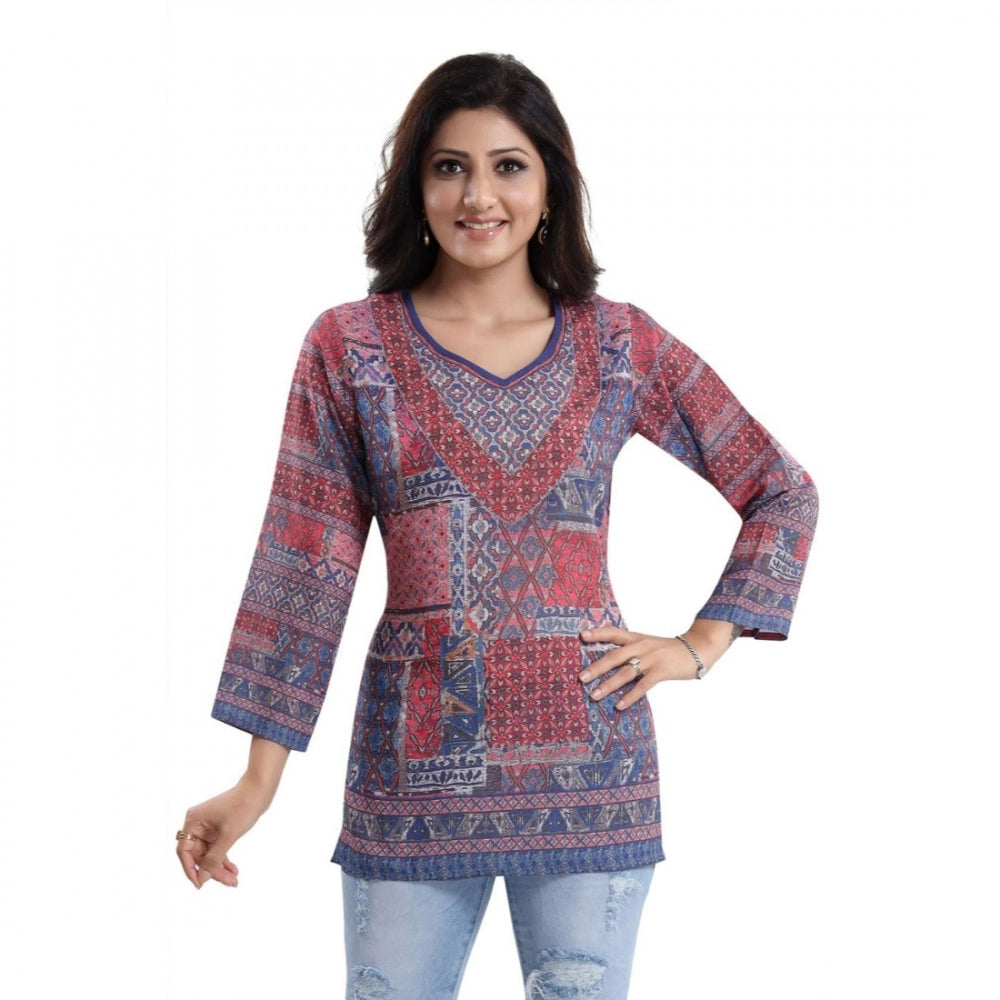 Multicolor faux crepe printed quarter sleeve kurti tunic top for women, casual wear on mannequin