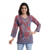 Multicolor faux crepe printed quarter sleeve kurti tunic top for women, casual wear on mannequin