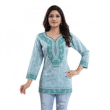 Blue faux crepe printed quarter sleeve kurta tunic top for casual women's wear
