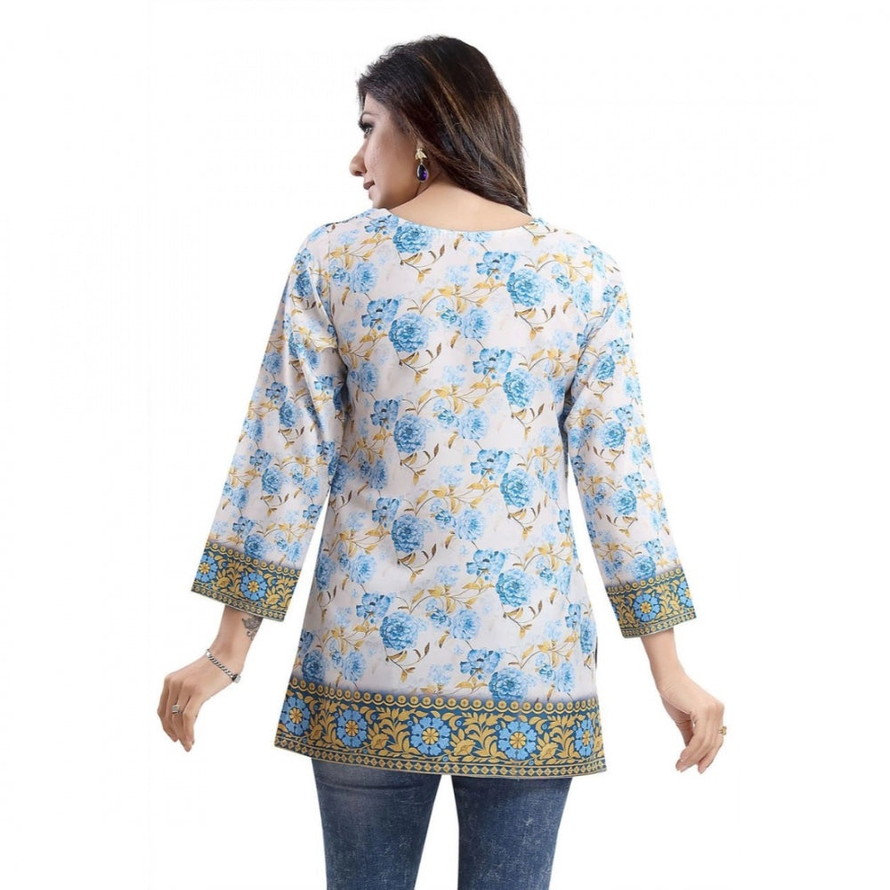 White faux crepe printed quarter sleeve kurta tunic top, casual women's wear for everyday style