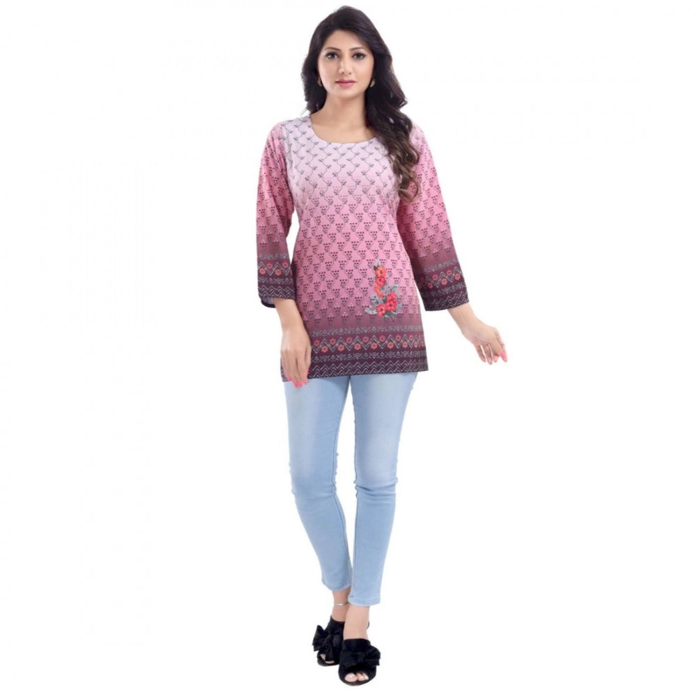 Pink faux crepe printed quarter sleeve kurti tunic top for casual wear