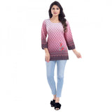 Pink faux crepe printed quarter sleeve kurti tunic top for casual wear