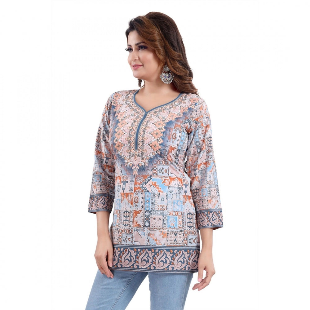 Blue faux crepe printed short kurti tunic top for women's casual wear, quarter sleeve style