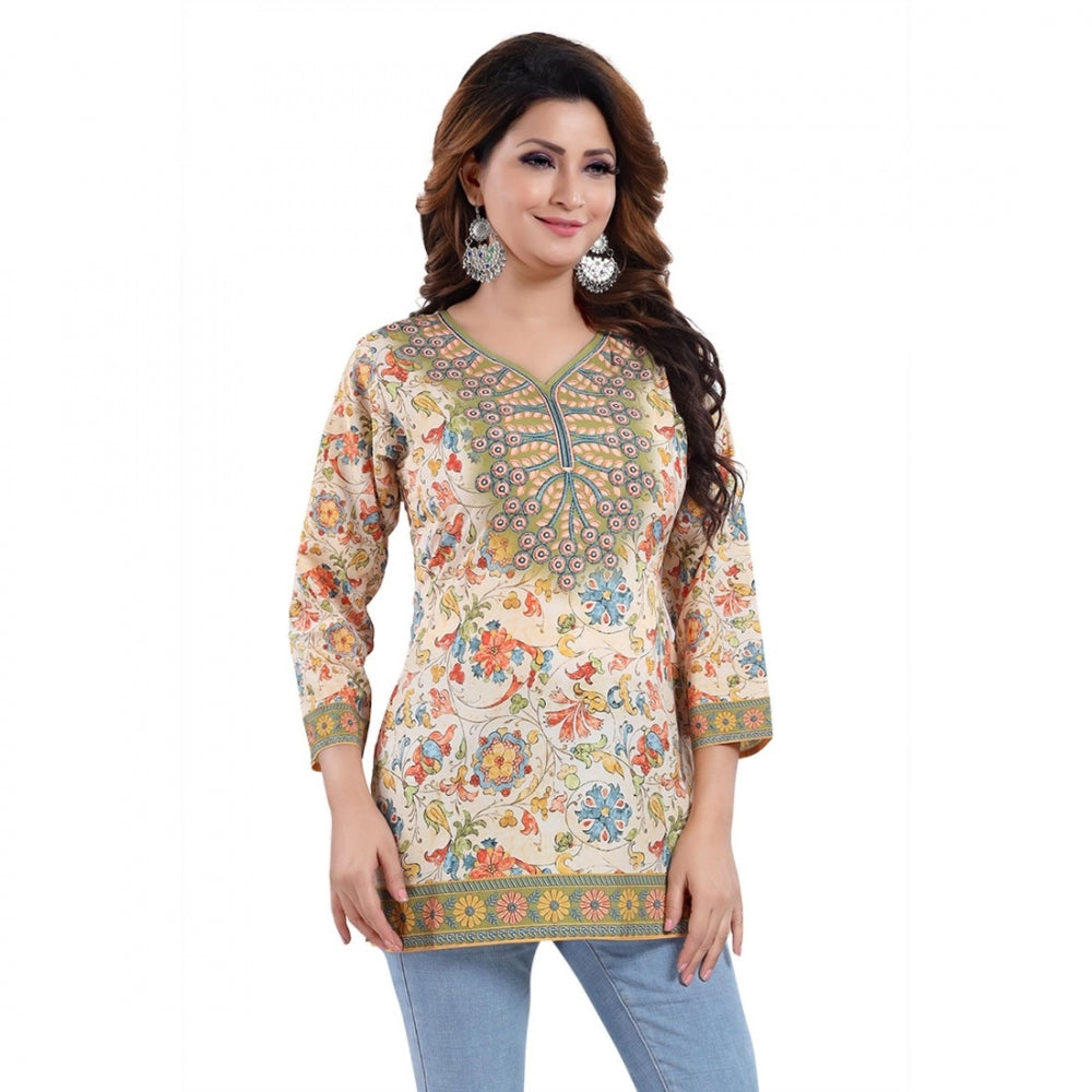Multicolor faux crepe printed women's quarter sleeve tunic top for casual occasions