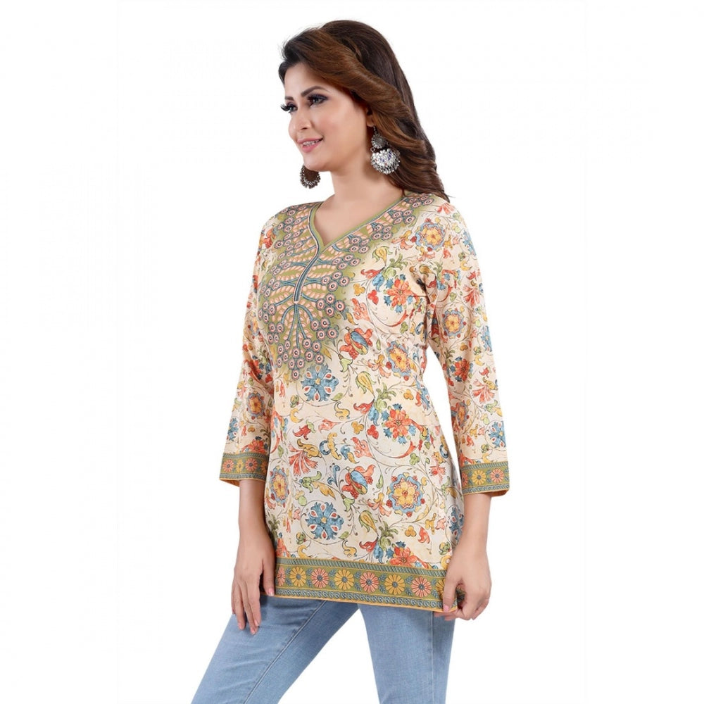 Multicolor faux crepe printed short kurti tunic top for women, casual occasion wear with quarter sleeves
