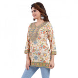 Multicolor faux crepe printed short kurti tunic top for women, casual occasion wear with quarter sleeves