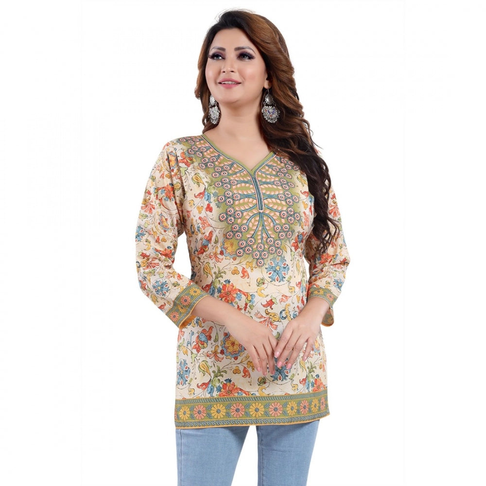 Multicolor faux crepe printed women's quarter sleeve kurti tunic top for casual occasions, vibrant pattern on display
