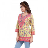 Yellow faux crepe printed quarter sleeve kurti tunic top for casual women's wear