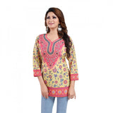 Yellow faux crepe printed quarter sleeve kurti tunic top for casual wear