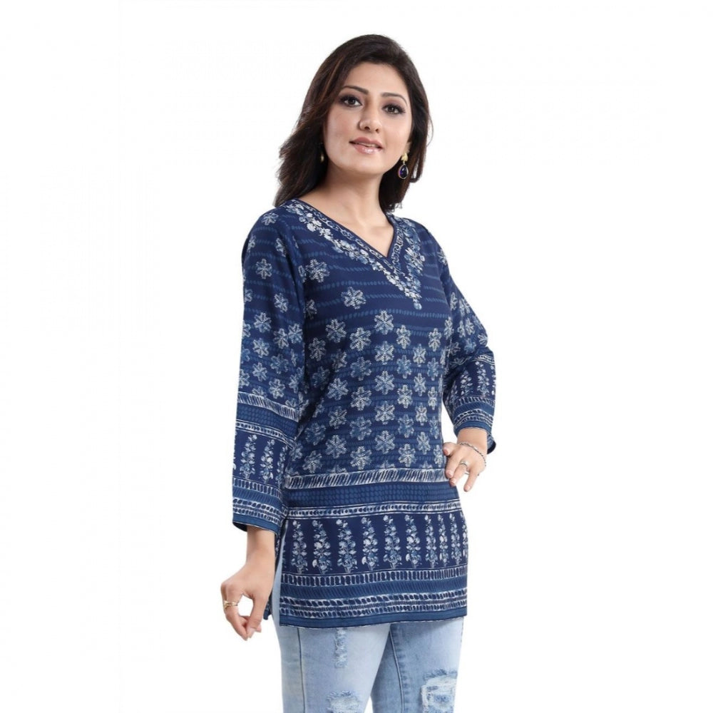 Blue faux crepe printed quarter sleeve kurti tunic top for women's casual wear