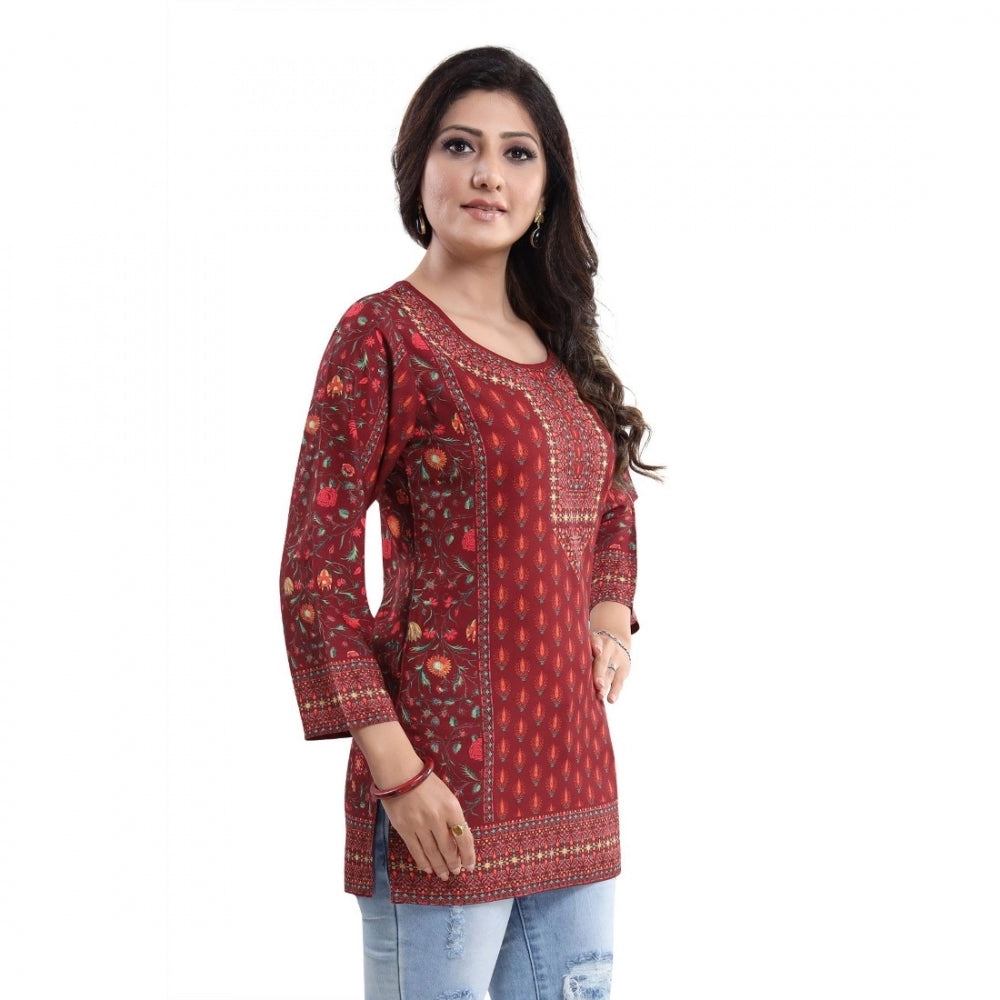 Red faux crepe printed short kurti tunic top, women's quarter sleeve casual wear