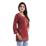 Red faux crepe printed short kurti tunic top, women's quarter sleeve casual wear