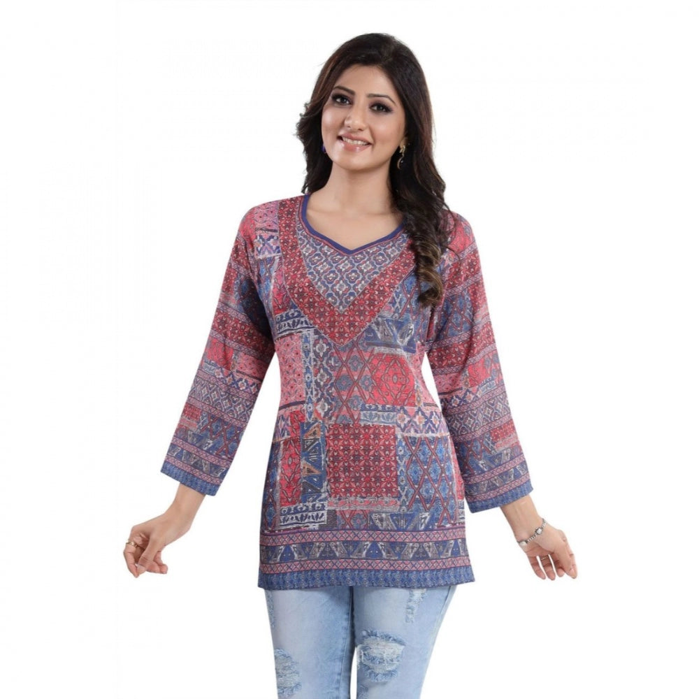 Multicolor faux crepe printed women's quarter sleeve tunic top for casual occasions, vibrant pattern on display