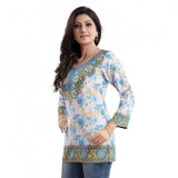 White faux crepe printed quarter sleeve kurti tunic top for casual wear