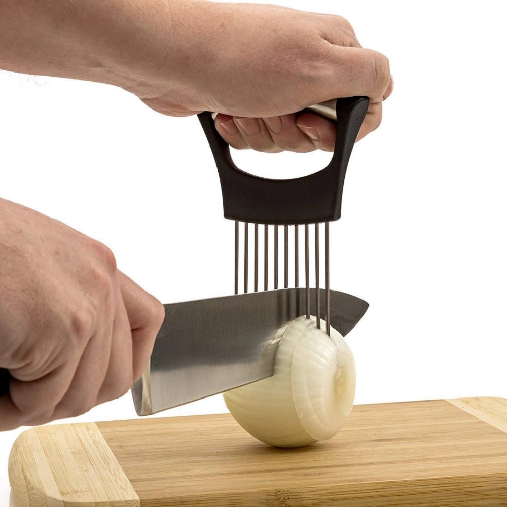 Assorted stainless steel onion holder & cutter, safe & durable for cooking prep, with meat tenderizing feature