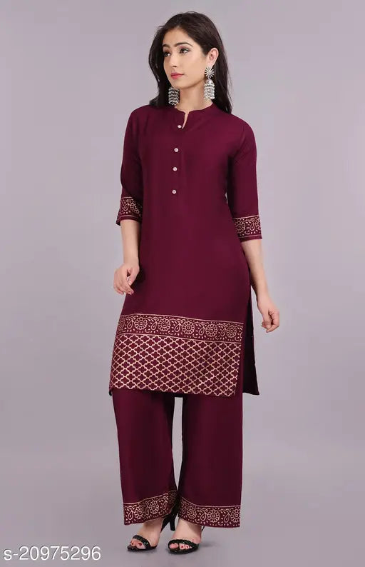 Rayon hand block gold print kurta with palazzo set, trendy womens fashion in three-quarter sleeves, Maha price drop sale, India origin