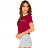 Women's maroon cotton short sleeved T-shirt