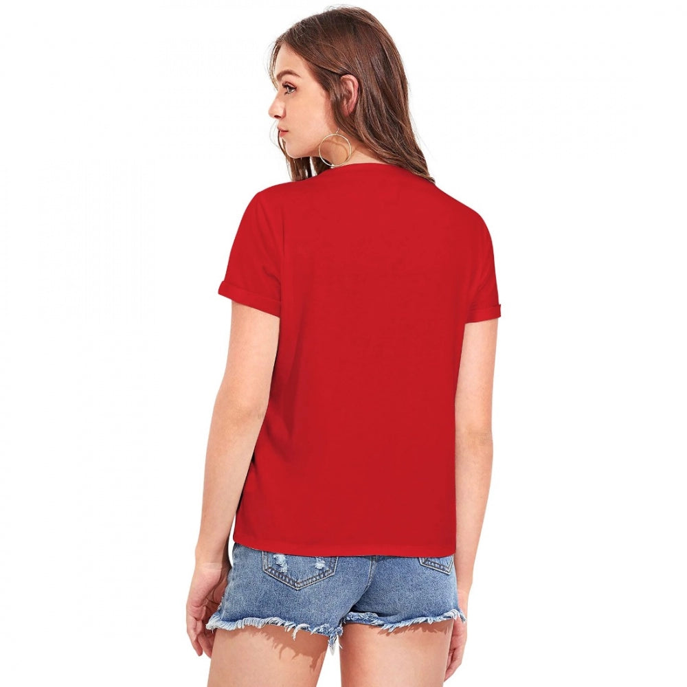 Red cotton western wear t shirt womens crew neck short sleeved