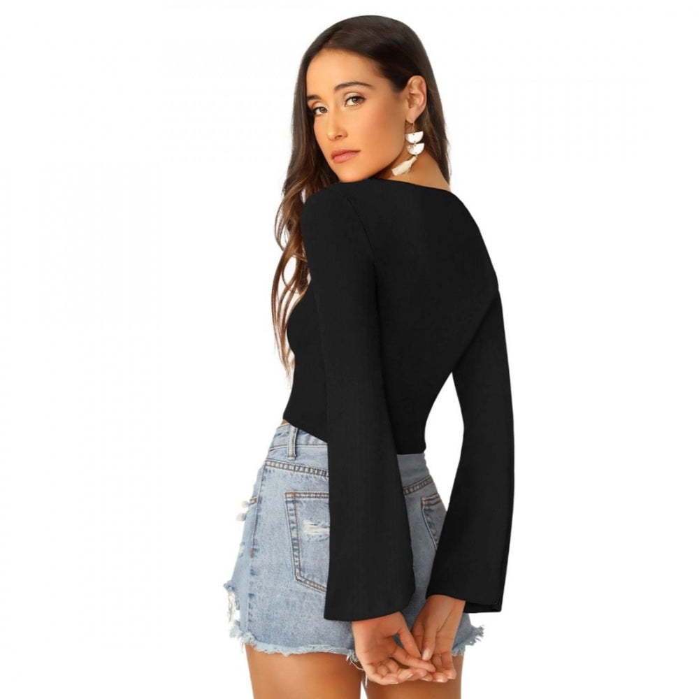 Black 95% polyester, 5% spandex western wear top for women, solid color on model